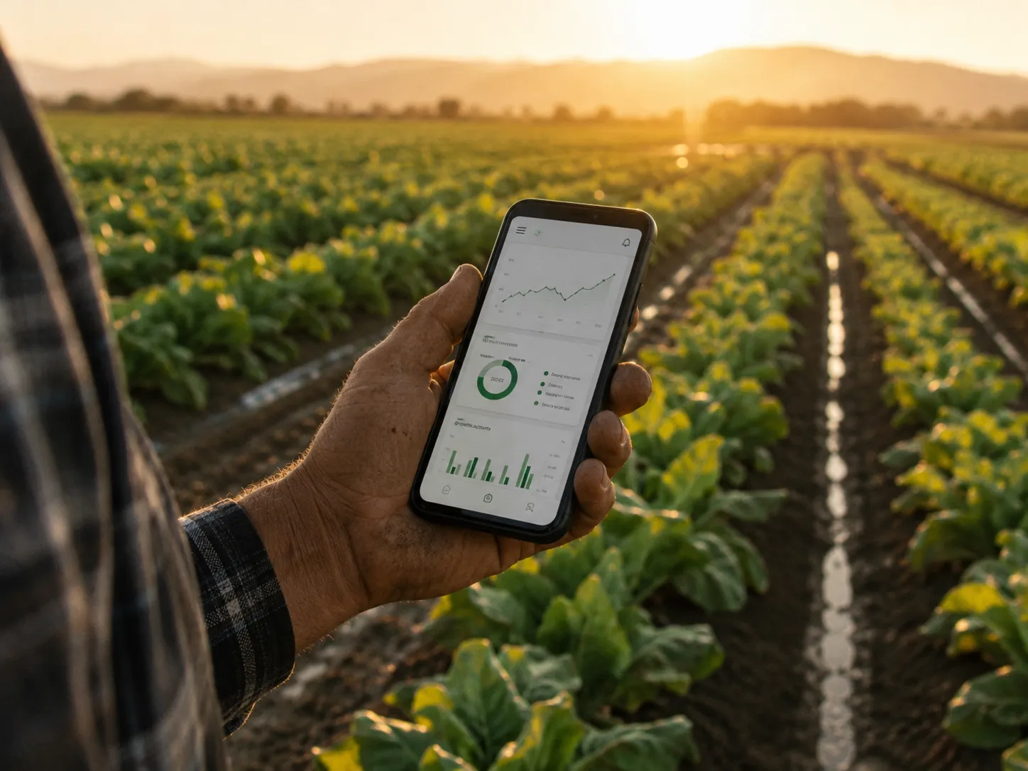 A hand holding a phone showing a simple data dashboard, out in a produce field at sunset