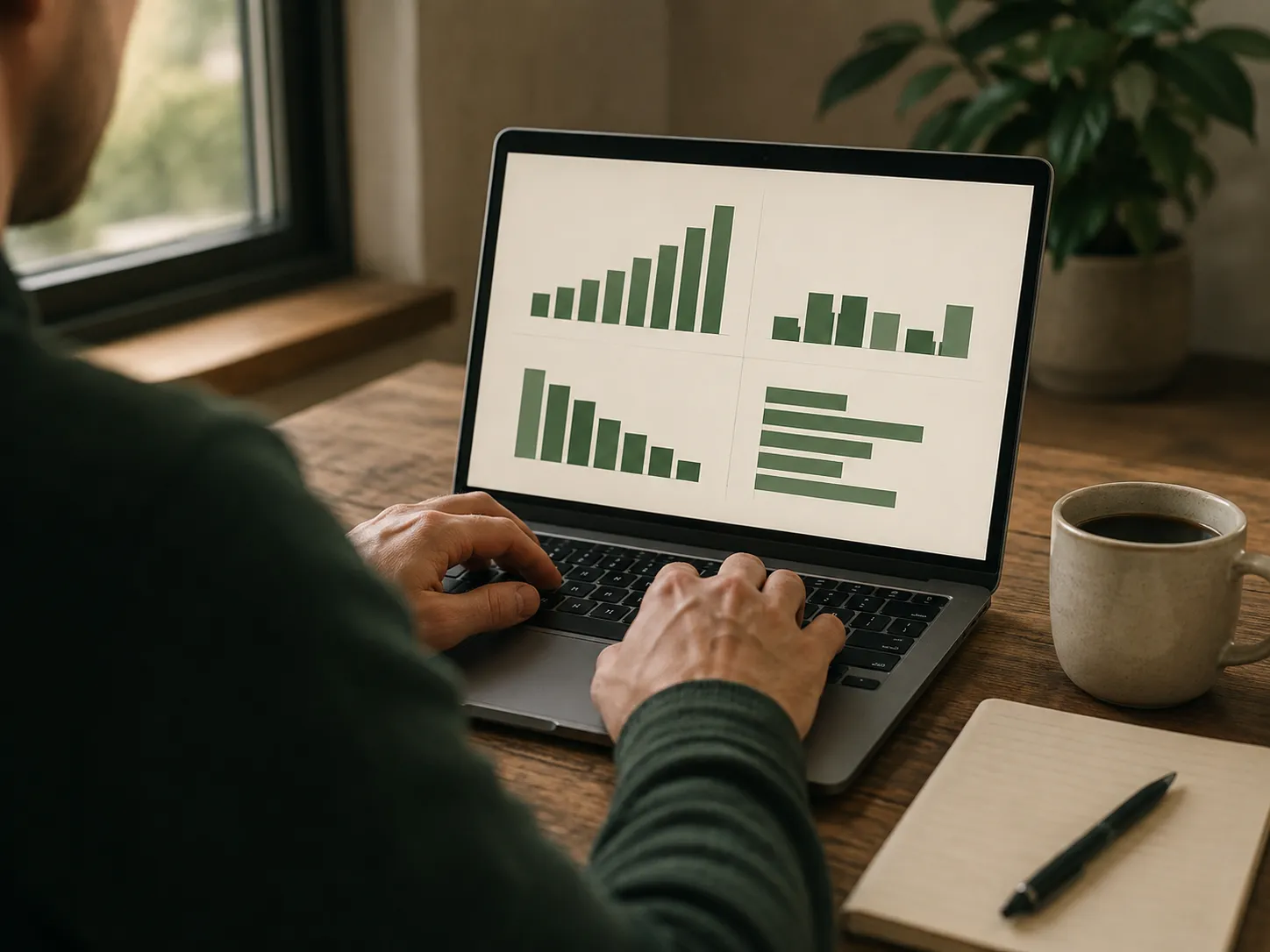 A laptop screen showing clean, unlabeled bar charts, representing governed business intelligence