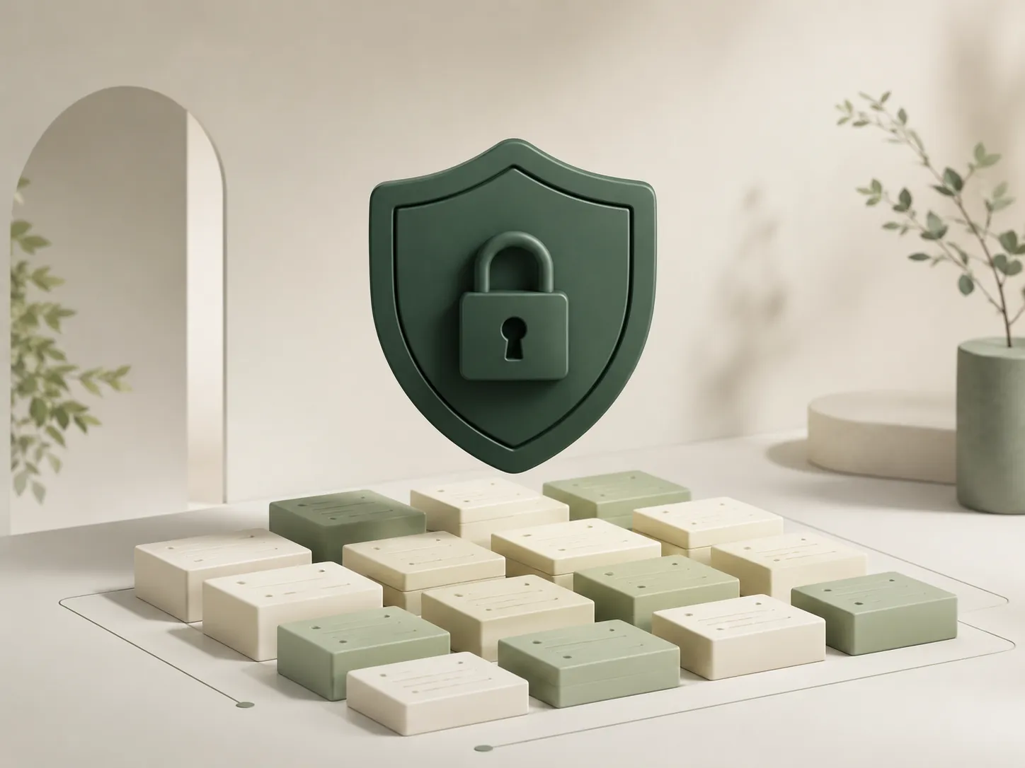 An abstract illustration of a locked shield above a grid of data blocks